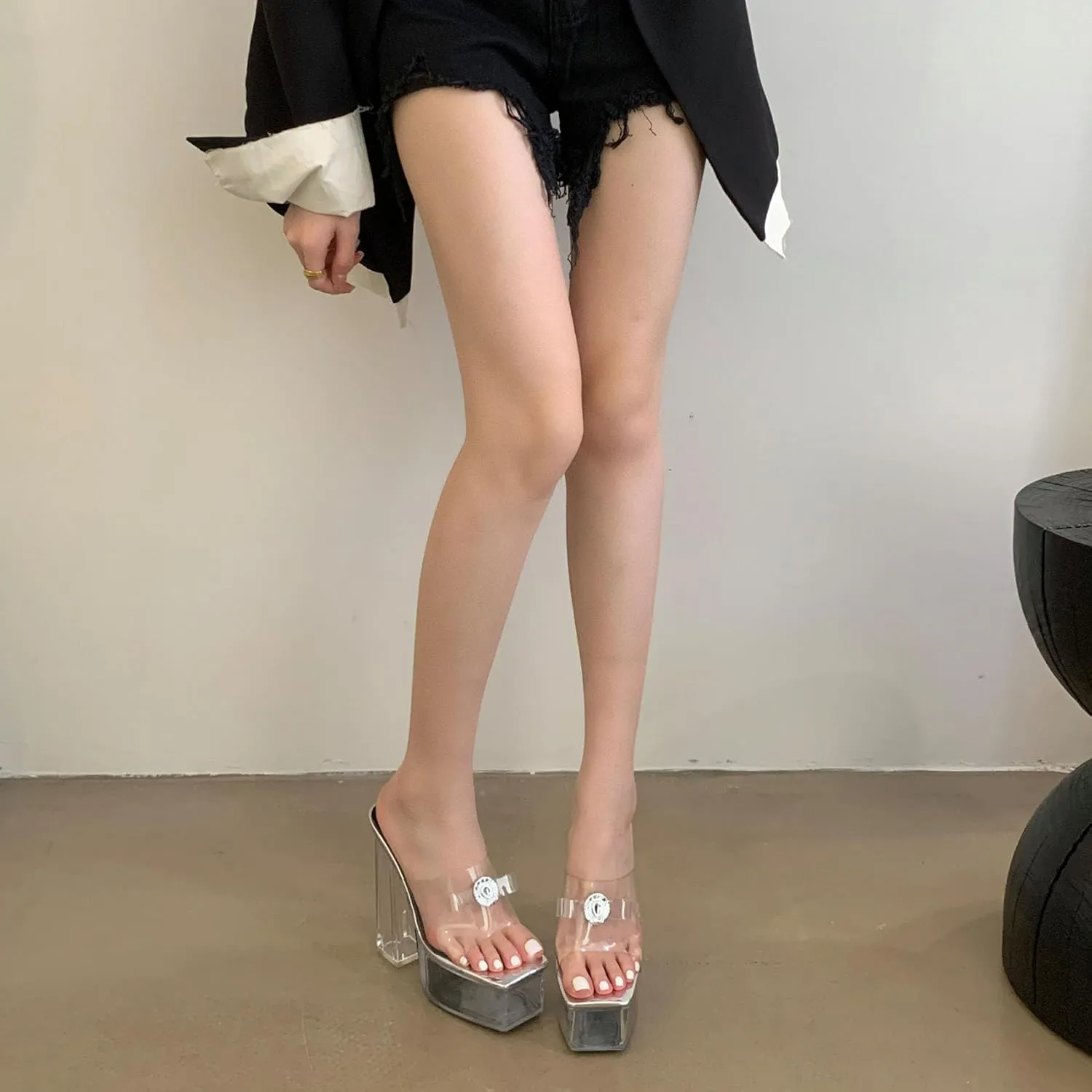 SHEMEE Women's Square Toe Block Heeled Sandals Chunky High Heels Mules Slingback Slip-On Summer Shoes for Party Wedding