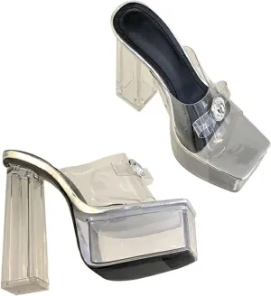 SHEMEE Women's Square Toe Block Heeled Sandals Chunky High Heels Mules Slingback Slip-On Summer Shoes for Party Wedding