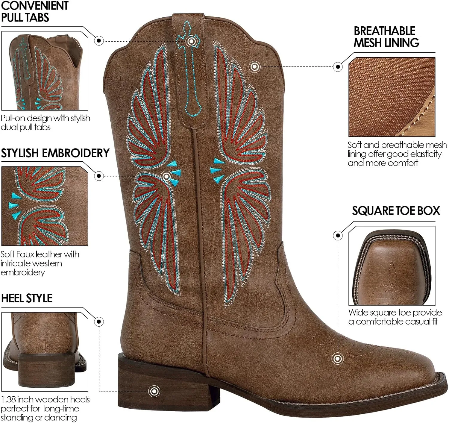 SheSole Women's Cowboy Boots Square Toe Cowgirl Boots Wide Calf Fashion Western Boots
