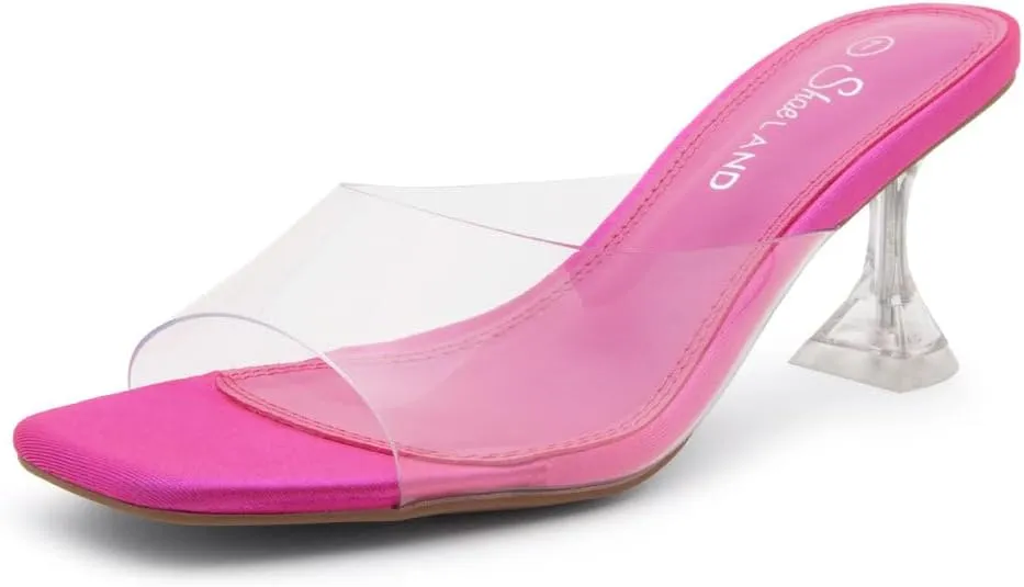 Shoe Land Celebrate Women's Clear Low Heels Stiletto Slides, Square Open Toe One Band Slip-On Heeled Mules, Clear Heeled Dress Sandals for Prom Wedding and Party