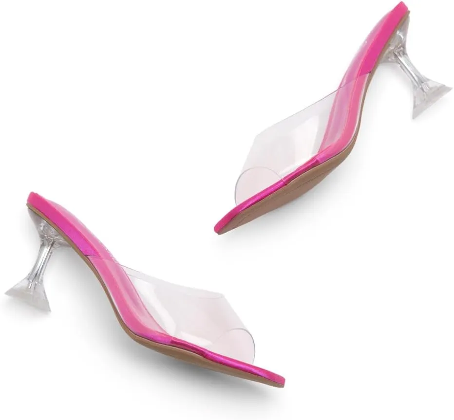 Shoe Land Celebrate Women's Clear Low Heels Stiletto Slides, Square Open Toe One Band Slip-On Heeled Mules, Clear Heeled Dress Sandals for Prom Wedding and Party