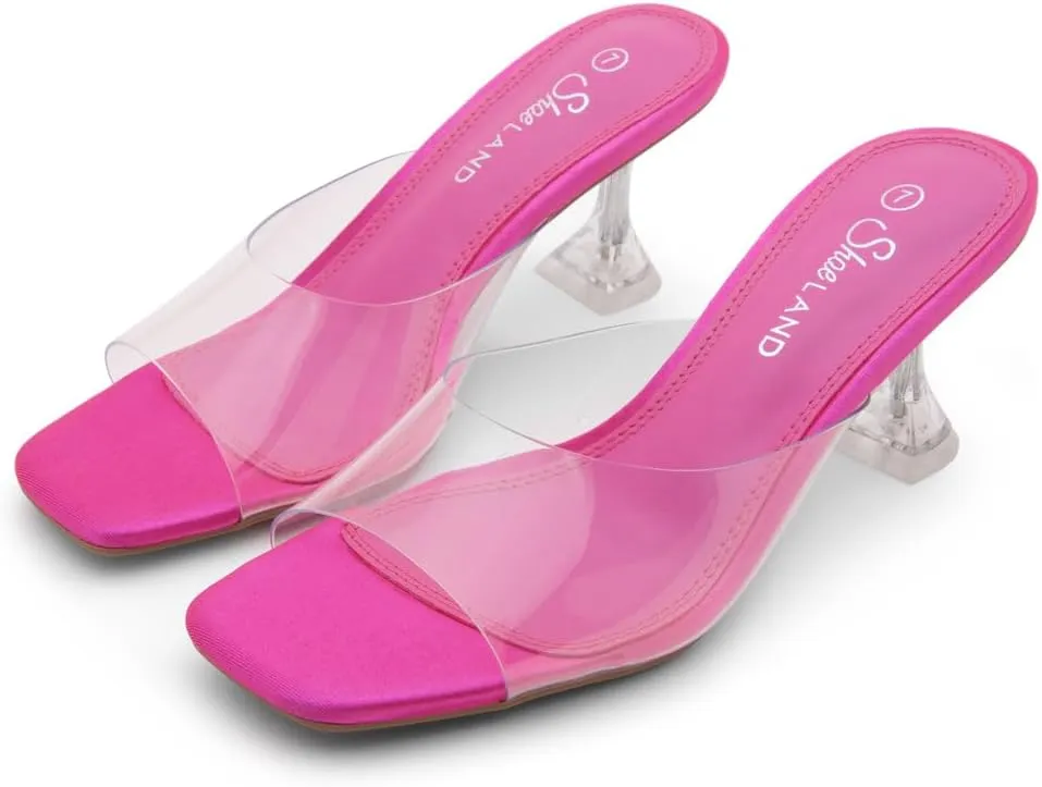 Shoe Land Celebrate Women's Clear Low Heels Stiletto Slides, Square Open Toe One Band Slip-On Heeled Mules, Clear Heeled Dress Sandals for Prom Wedding and Party