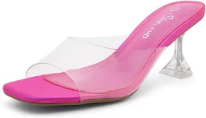 Shoe Land Celebrate Women's Clear Low Heels Stiletto Slides, Square Open Toe One Band Slip-On Heeled Mules, Clear Heeled Dress Sandals for Prom Wedding and Party