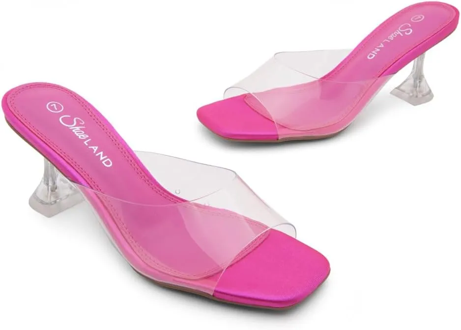 Shoe Land Celebrate Women's Clear Low Heels Stiletto Slides, Square Open Toe One Band Slip-On Heeled Mules, Clear Heeled Dress Sandals for Prom Wedding and Party
