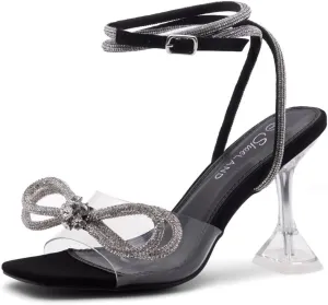 Shoe Land Women’s Clear Rhinestone Bow Heels – Double Bowknot & Adjustable Ankle Strap | Crystal Stiletto High Heels with Square Open Toe for Wedding & Party