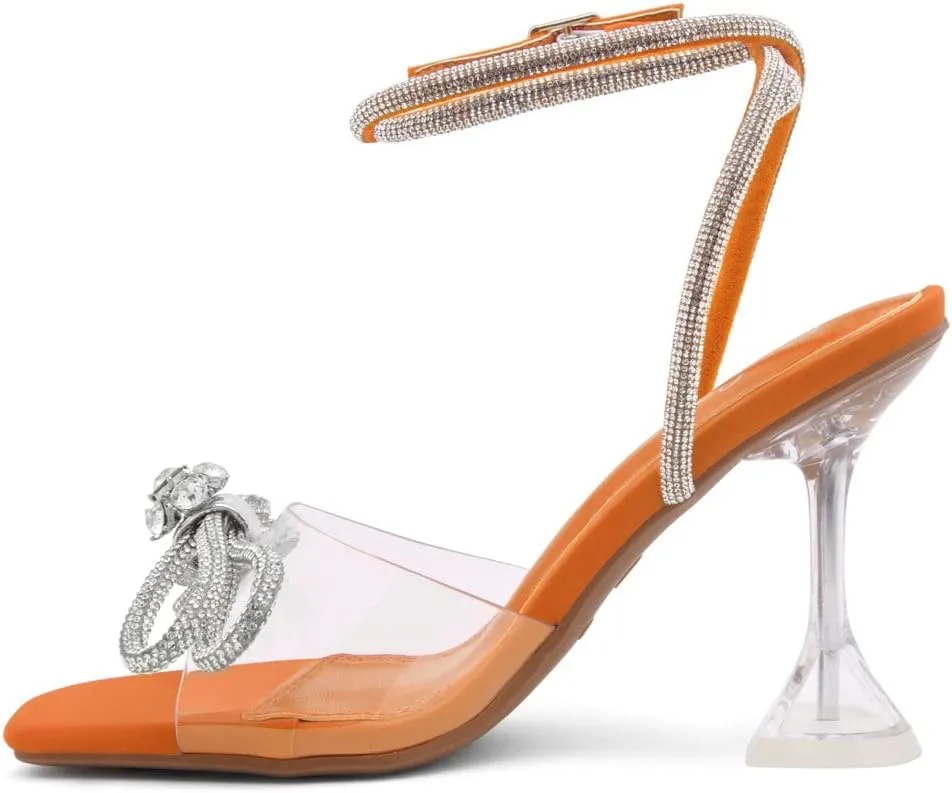 Shoe Land Women’s Clear Rhinestone Bow Heels – Double Bowknot & Adjustable Ankle Strap | Crystal Stiletto High Heels with Square Open Toe for Wedding & Party