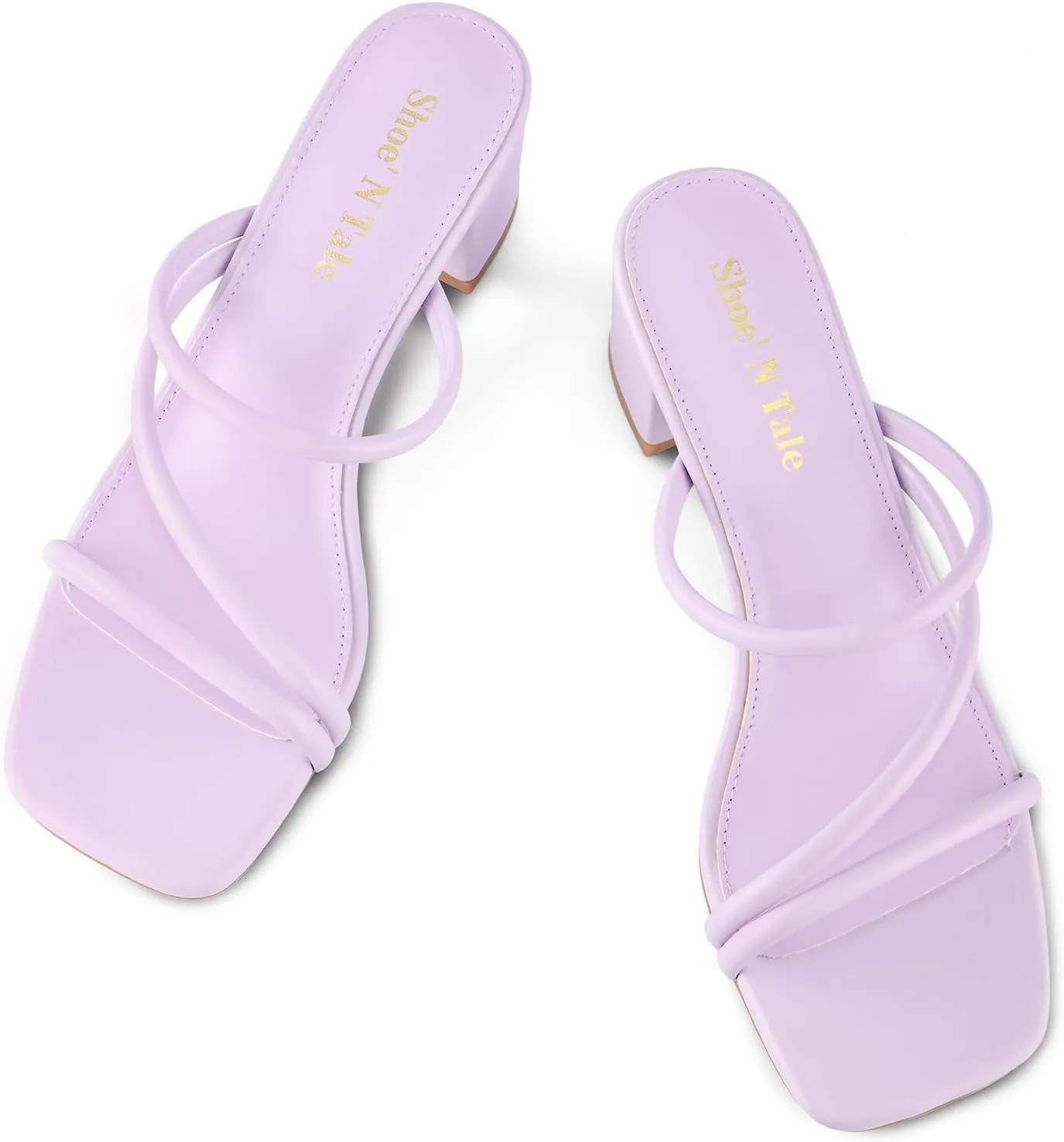 Shoe'N Tale Strappy Heels For Women Low Chunky Block Heel Heeled Sandals Square Open Toe Slip On Slides Mules