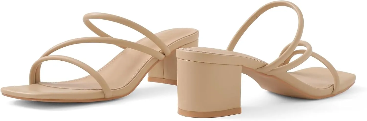 Shoe'N Tale Strappy Heels For Women Low Chunky Block Heel Heeled Sandals Square Open Toe Slip On Slides Mules