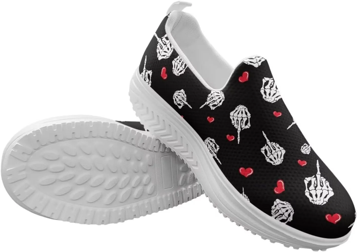 Skull Design Women's Slip-On Platform Loafers Mesh Non-Slip Rocker Bottom Sneakers Standing All Day Comfort