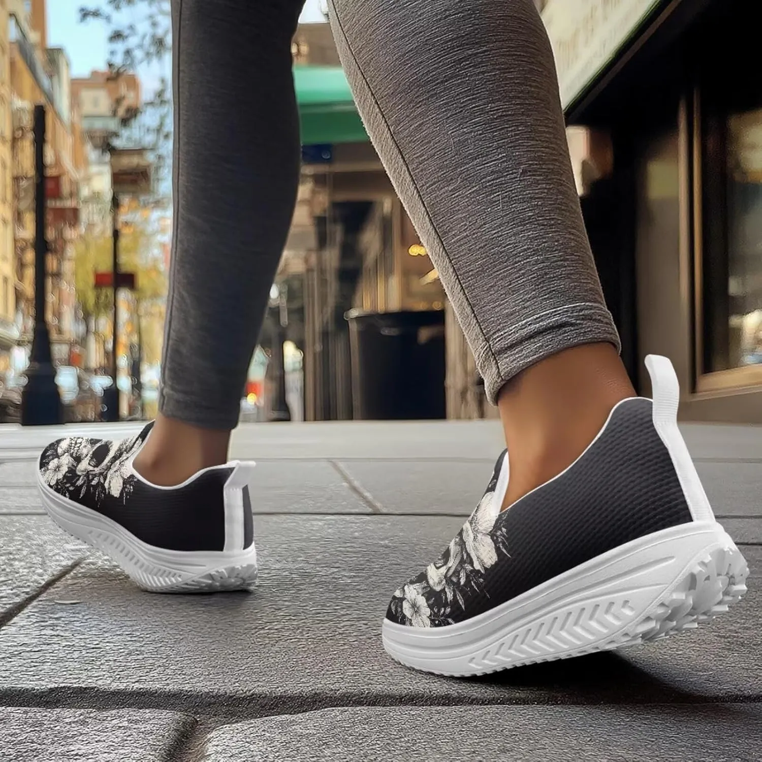 Skull Design Women's Slip-On Platform Loafers Mesh Non-Slip Rocker Bottom Sneakers Standing All Day Comfort