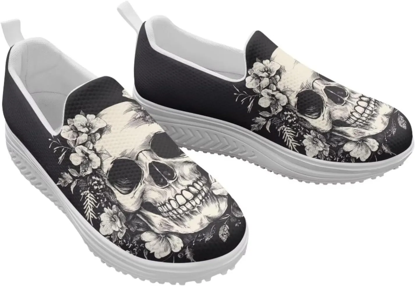 Skull Design Women's Slip-On Platform Loafers Mesh Non-Slip Rocker Bottom Sneakers Standing All Day Comfort