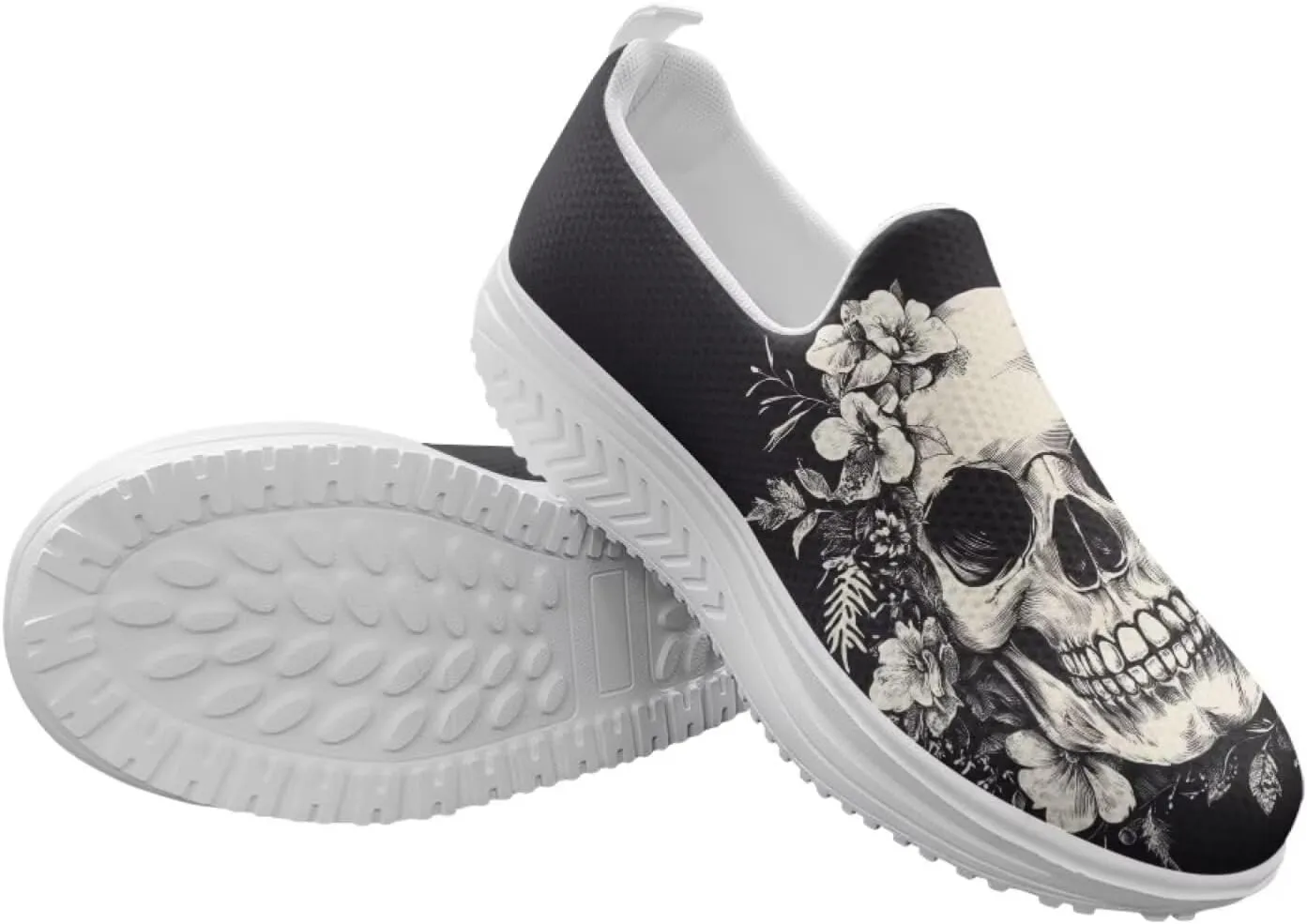 Skull Design Women's Slip-On Platform Loafers Mesh Non-Slip Rocker Bottom Sneakers Standing All Day Comfort