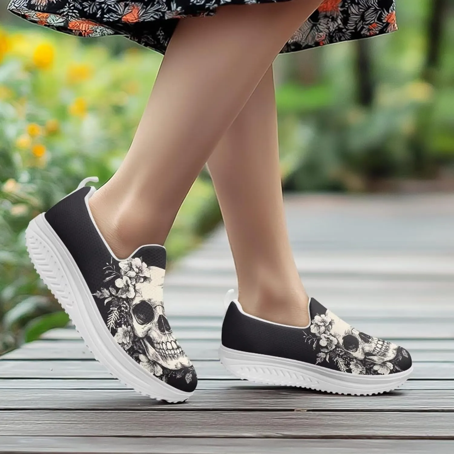 Skull Design Women's Slip-On Platform Loafers Mesh Non-Slip Rocker Bottom Sneakers Standing All Day Comfort