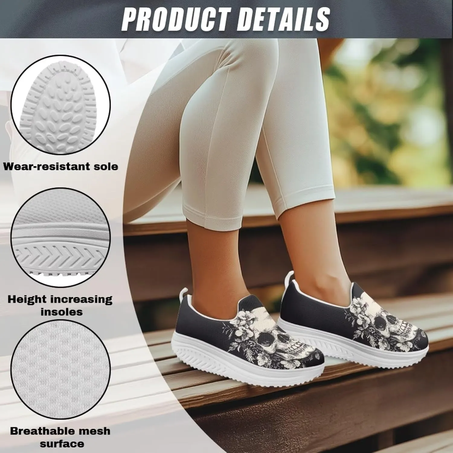 Skull Design Women's Slip-On Platform Loafers Mesh Non-Slip Rocker Bottom Sneakers Standing All Day Comfort