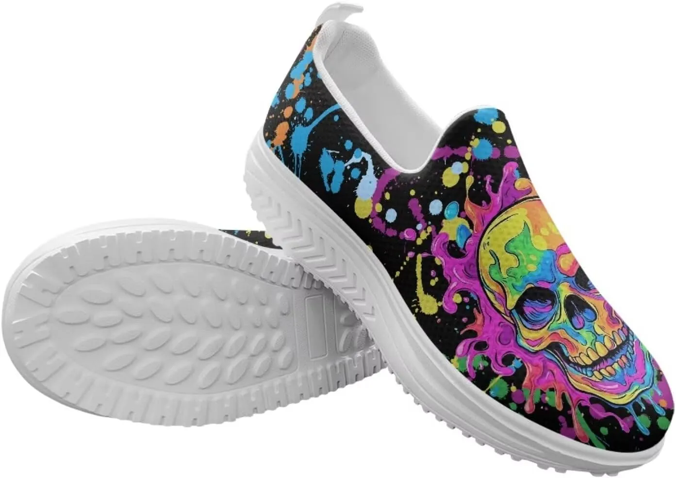 Skull Design Women's Slip-On Platform Loafers Mesh Non-Slip Rocker Bottom Sneakers Standing All Day Comfort