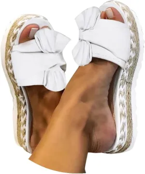 Slides for Women Cute Bow Tie Knot On Top Strap, Comfy Slip On Open Toe Flat Sandals Casual Summer Beach Walking Slippers