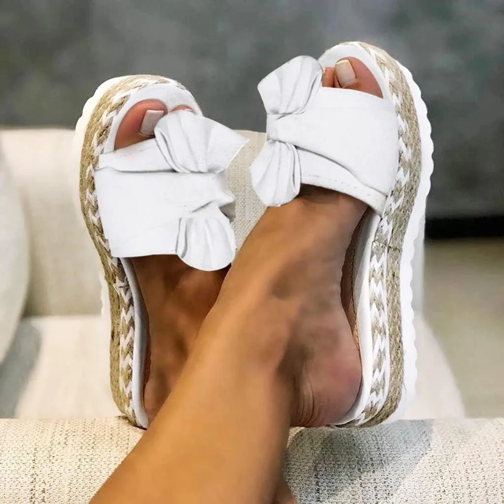 Slides for Women Cute Bow Tie Knot On Top Strap, Comfy Slip On Open Toe Flat Sandals Casual Summer Beach Walking Slippers