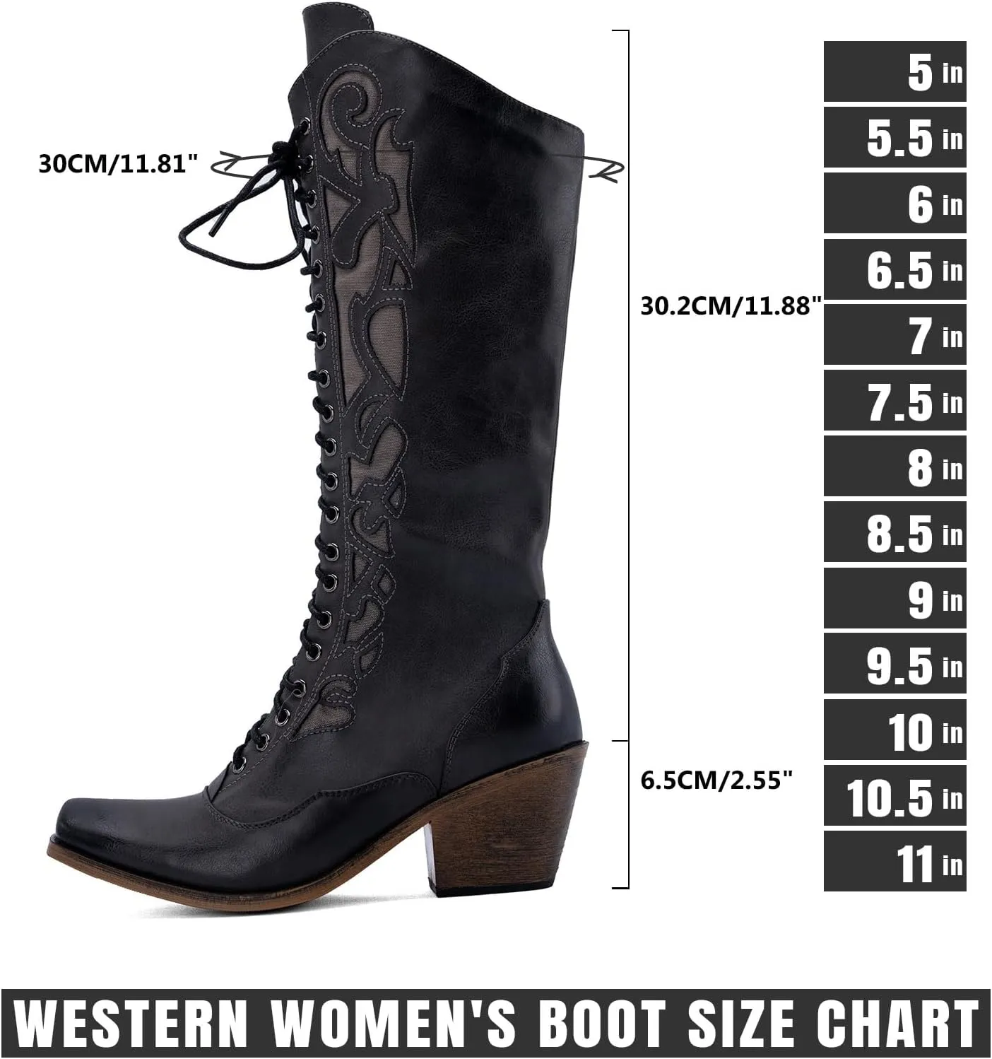 SO SIMPOK Lace Up Cowboy Boots for Women, Vintage Knee-High Cowgirl Boot, Low Heel Mid Calf Western Boots, Tall Square Toe Boot for Ladies