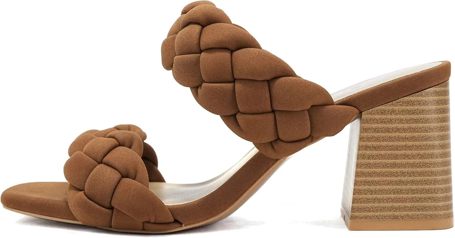 Soda BUGGY ~ Women Double Braided Straps Casual Open Square Toe Fashion Slide Block Heel Sandal