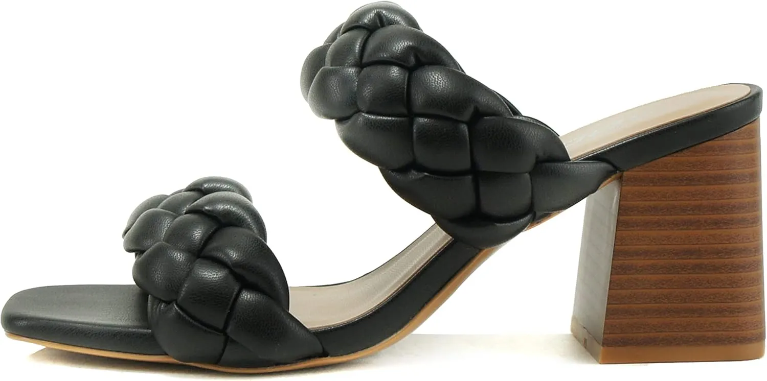Soda BUGGY ~ Women Double Braided Straps Casual Open Square Toe Fashion Slide Block Heel Sandal
