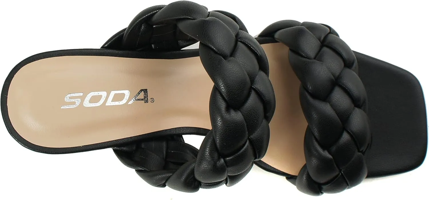 Soda BUGGY ~ Women Double Braided Straps Casual Open Square Toe Fashion Slide Block Heel Sandal