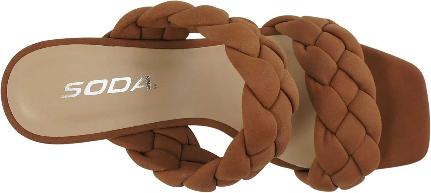 Soda BUGGY ~ Women Double Braided Straps Casual Open Square Toe Fashion Slide Block Heel Sandal