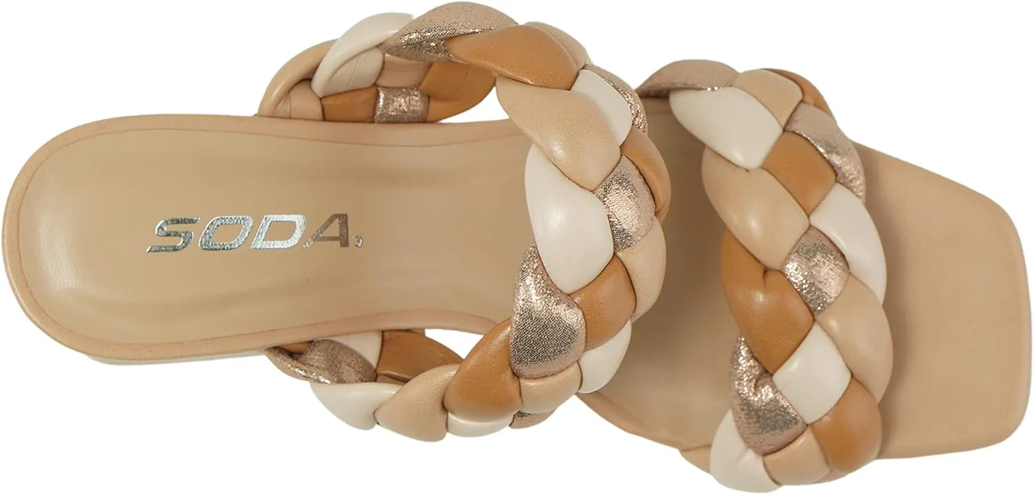 Soda BUGGY ~ Women Double Braided Straps Casual Open Square Toe Fashion Slide Block Heel Sandal