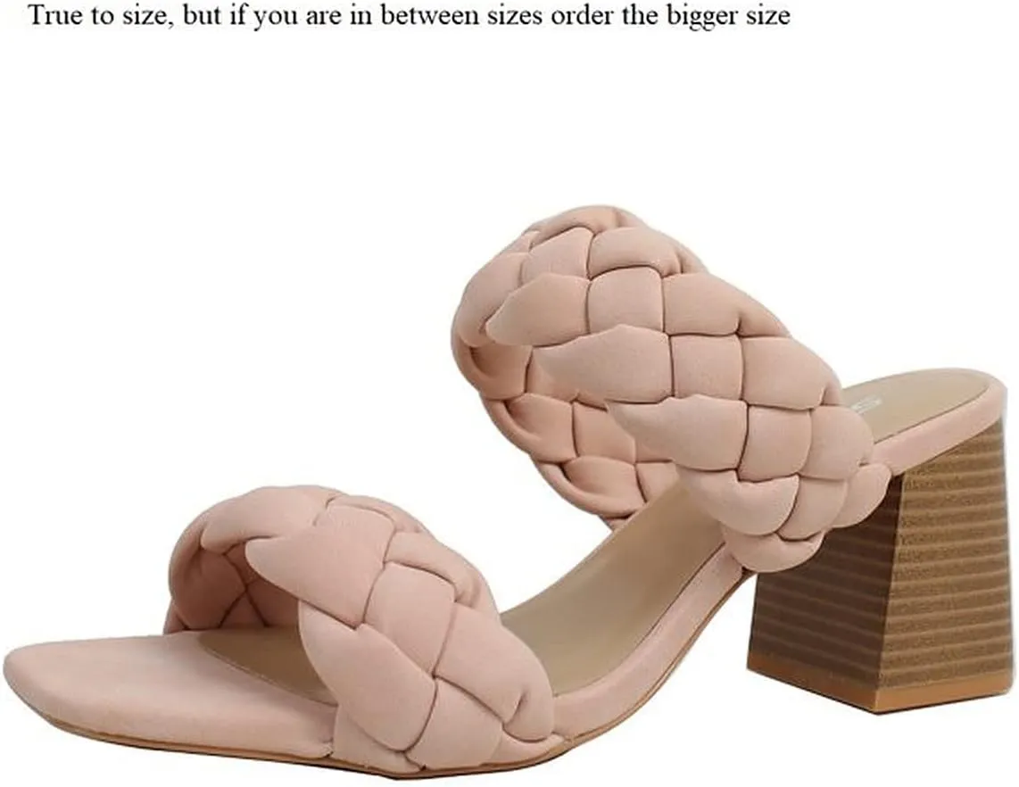 Soda BUGGY ~ Women Double Braided Straps Casual Open Square Toe Fashion Slide Block Heel Sandal
