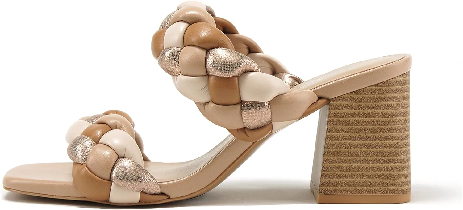 Soda BUGGY ~ Women Double Braided Straps Casual Open Square Toe Fashion Slide Block Heel Sandal