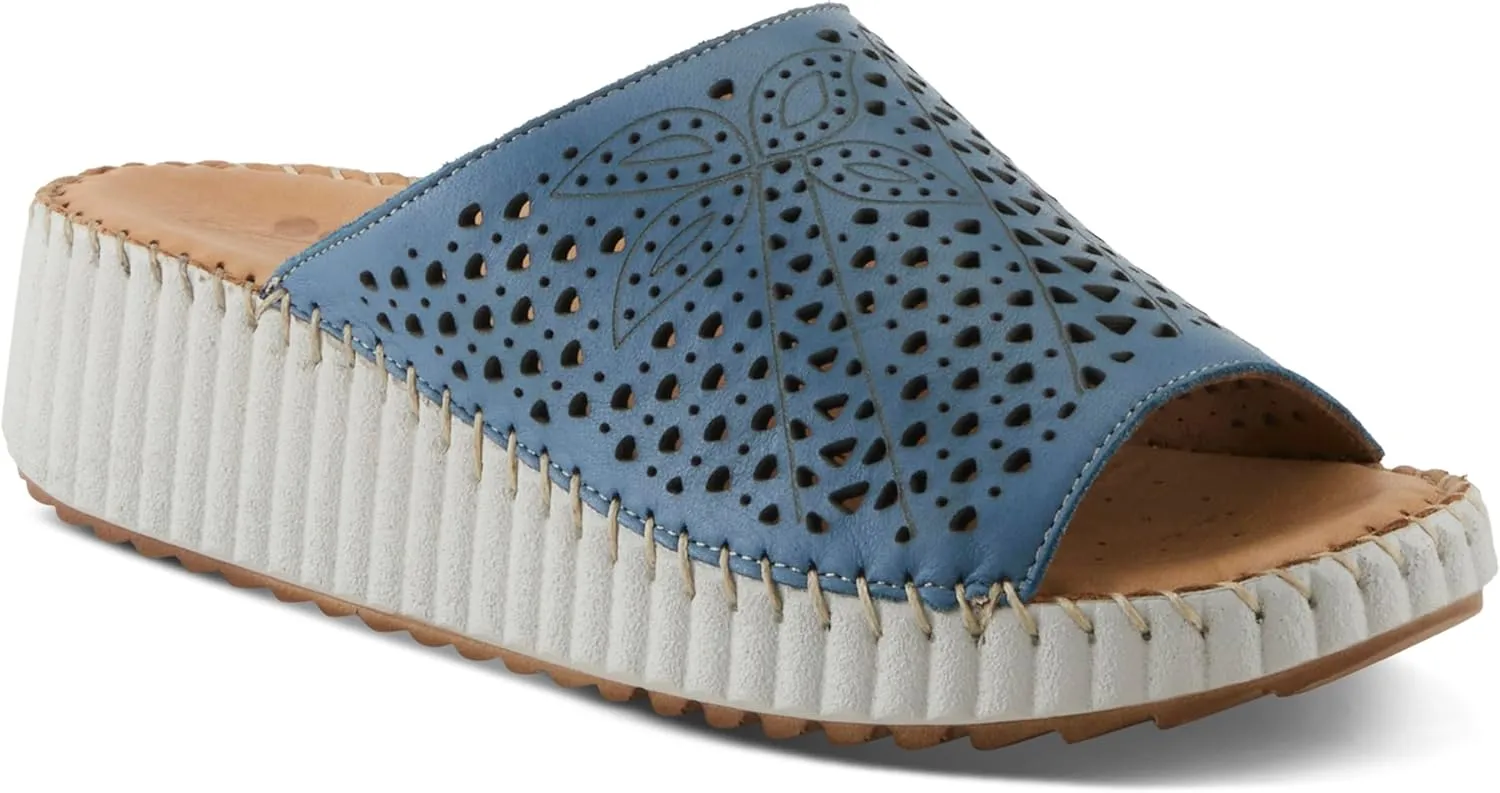 Spring Step Women's RHYDIAN Slip-On Leather Wedge Sandals – Perforated Flower Design, Cushioned Footbed, Made in Turkey