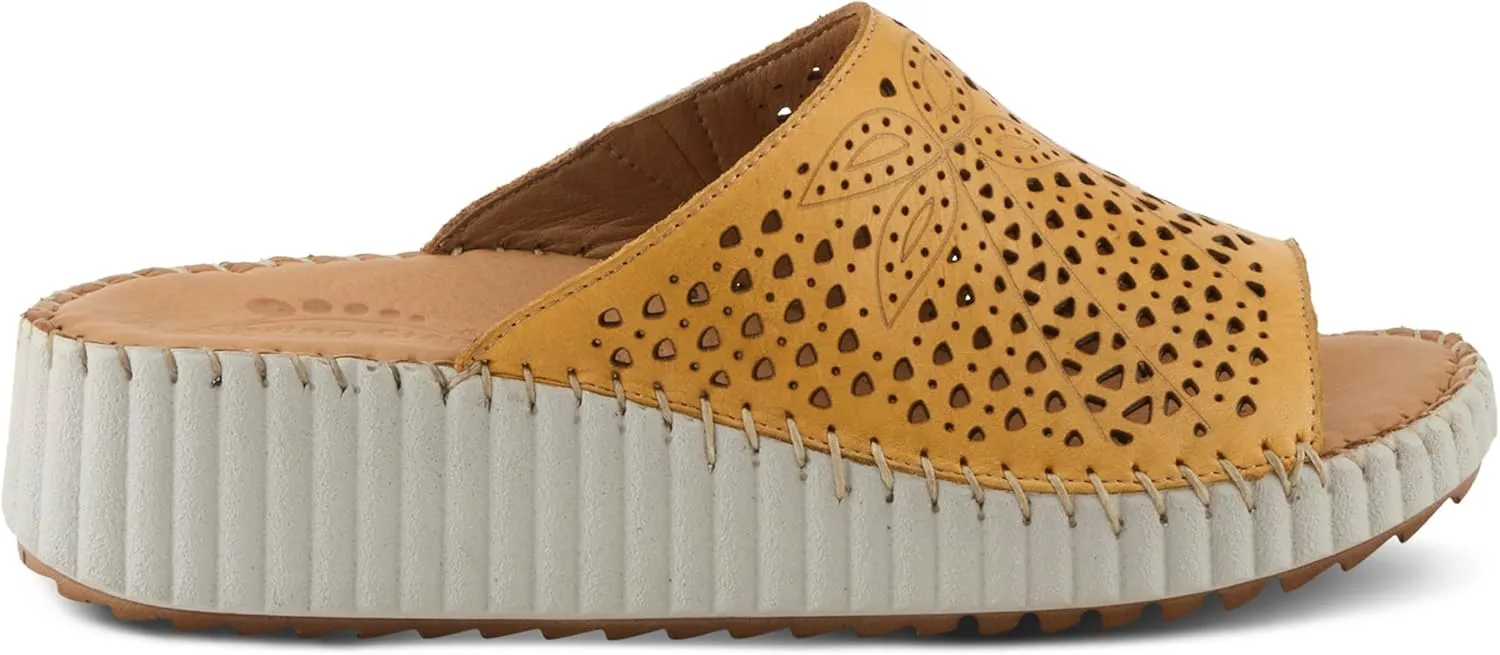 Spring Step Women's RHYDIAN Slip-On Leather Wedge Sandals – Perforated Flower Design, Cushioned Footbed, Made in Turkey
