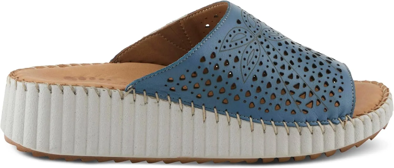 Spring Step Women's RHYDIAN Slip-On Leather Wedge Sandals – Perforated Flower Design, Cushioned Footbed, Made in Turkey