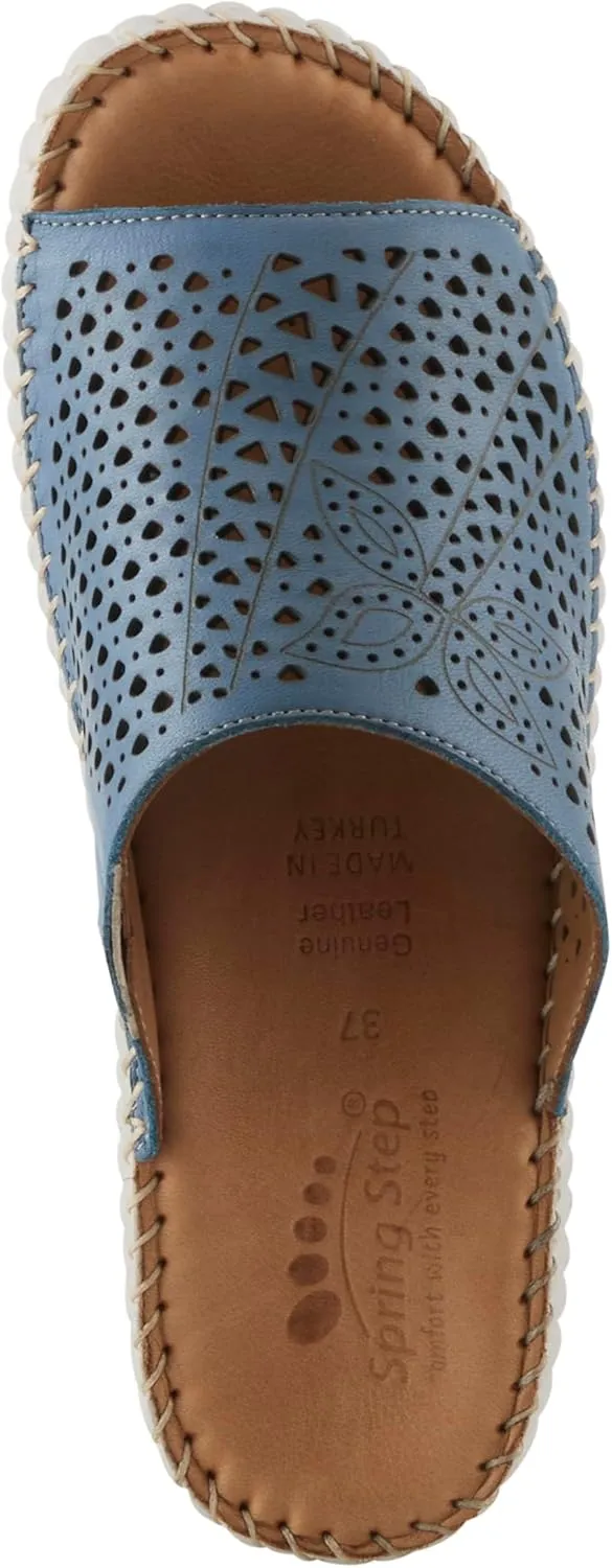 Spring Step Women's RHYDIAN Slip-On Leather Wedge Sandals – Perforated Flower Design, Cushioned Footbed, Made in Turkey