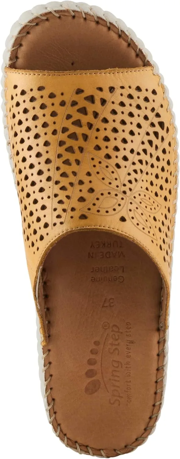 Spring Step Women's RHYDIAN Slip-On Leather Wedge Sandals – Perforated Flower Design, Cushioned Footbed, Made in Turkey