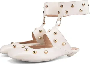 Studded Heeled Mules Square Toe Kitten Heeled Sandals Wide Ankle Strap Ballet Flats Trendy Dress Party Low Heel Shoes