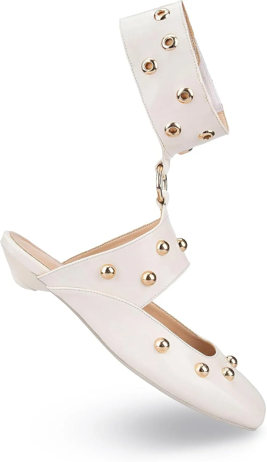 Studded Heeled Mules Square Toe Kitten Heeled Sandals Wide Ankle Strap Ballet Flats Trendy Dress Party Low Heel Shoes