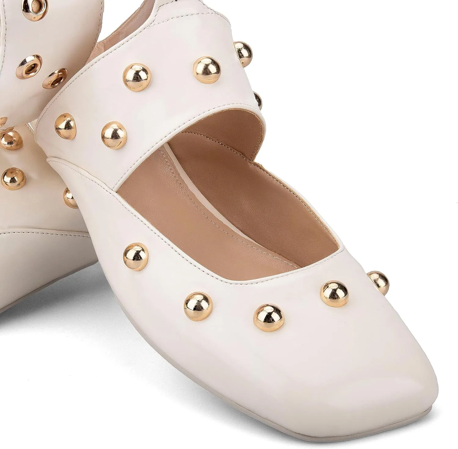Studded Heeled Mules Square Toe Kitten Heeled Sandals Wide Ankle Strap Ballet Flats Trendy Dress Party Low Heel Shoes