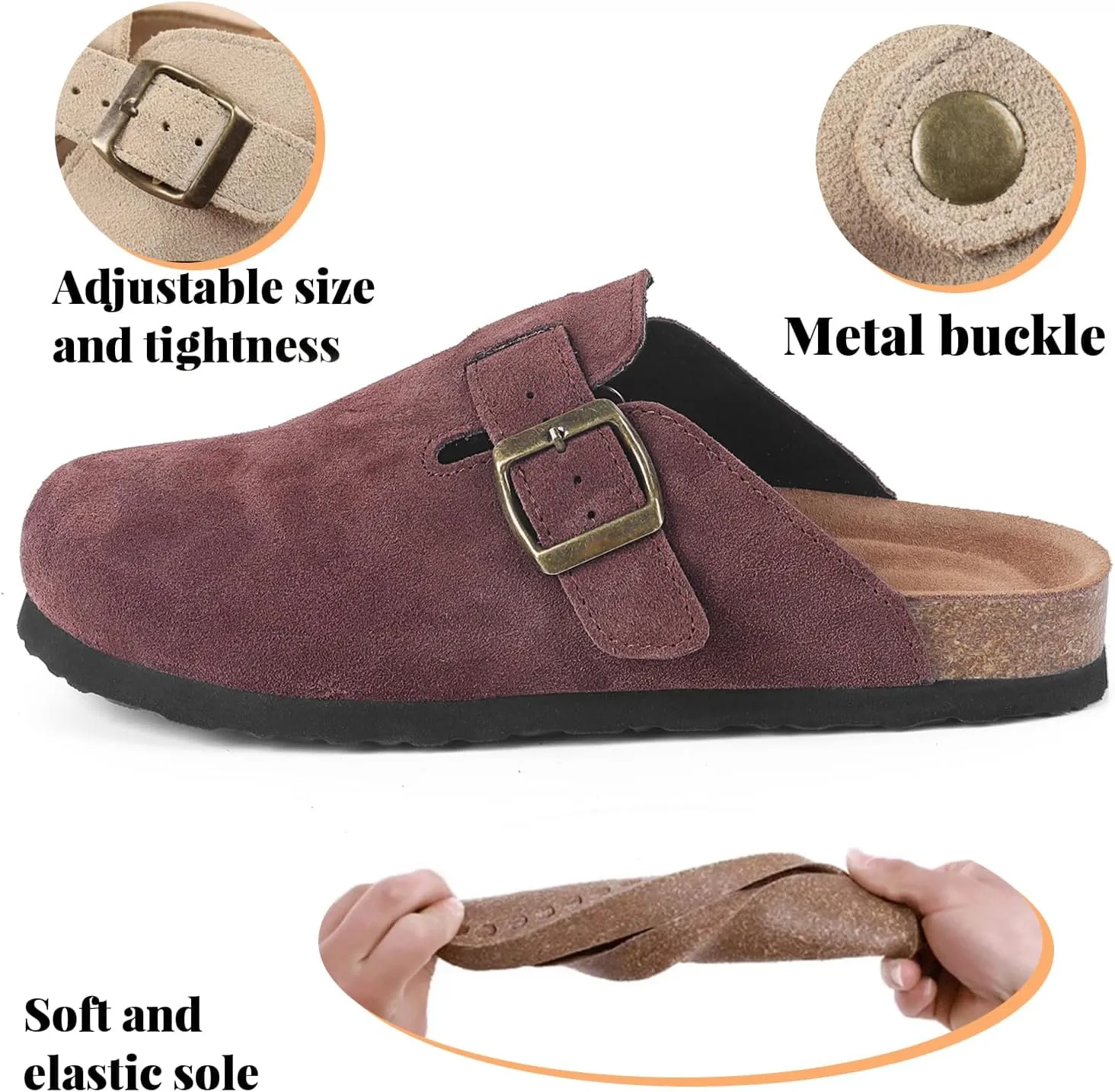 Suede Clogs for Women Clogs Slip on Adjustable Buckle Leather Clogs Cork Footbed Home Clog Slippers with Arch Support Unisex