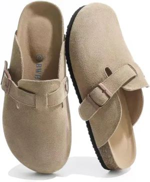 Suede Clogs for Women Leather Mules with Cork Footbed Arch Support Potato Shoes Men Womens Slip-On Clog with Adjustable Buckle Unisex Slippers Flats