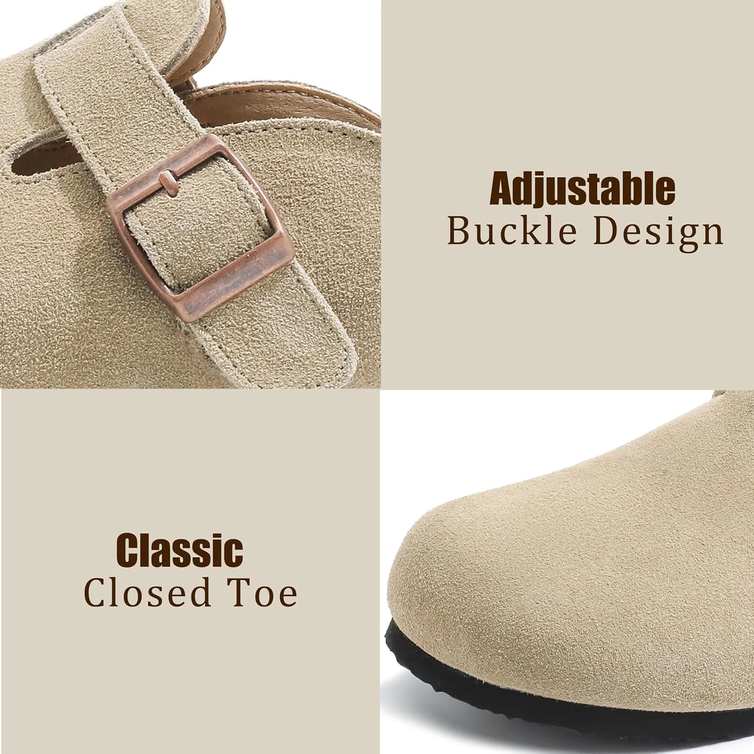 Suede Clogs for Women Leather Mules with Cork Footbed Arch Support Potato Shoes Men Womens Slip-On Clog with Adjustable Buckle Unisex Slippers Flats