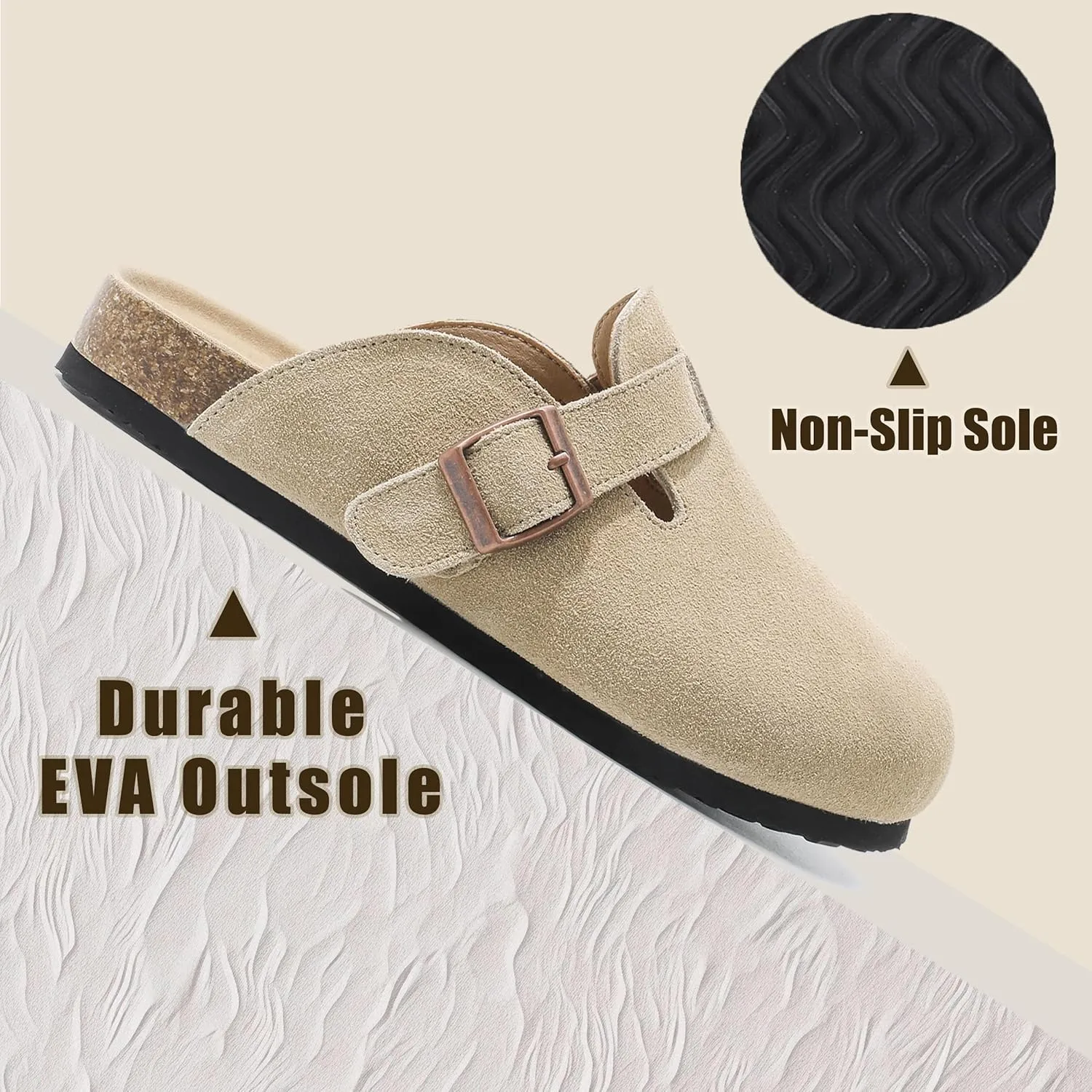 Suede Clogs for Women Leather Mules with Cork Footbed Arch Support Potato Shoes Men Womens Slip-On Clog with Adjustable Buckle Unisex Slippers Flats