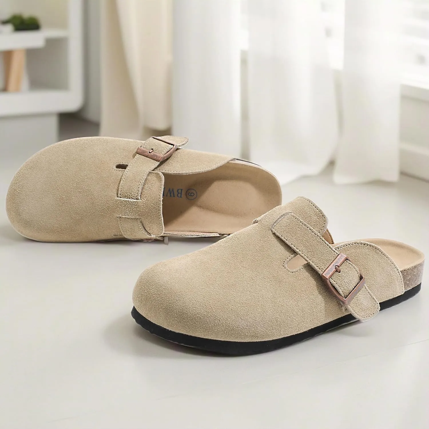 Suede Clogs for Women Leather Mules with Cork Footbed Arch Support Potato Shoes Men Womens Slip-On Clog with Adjustable Buckle Unisex Slippers Flats
