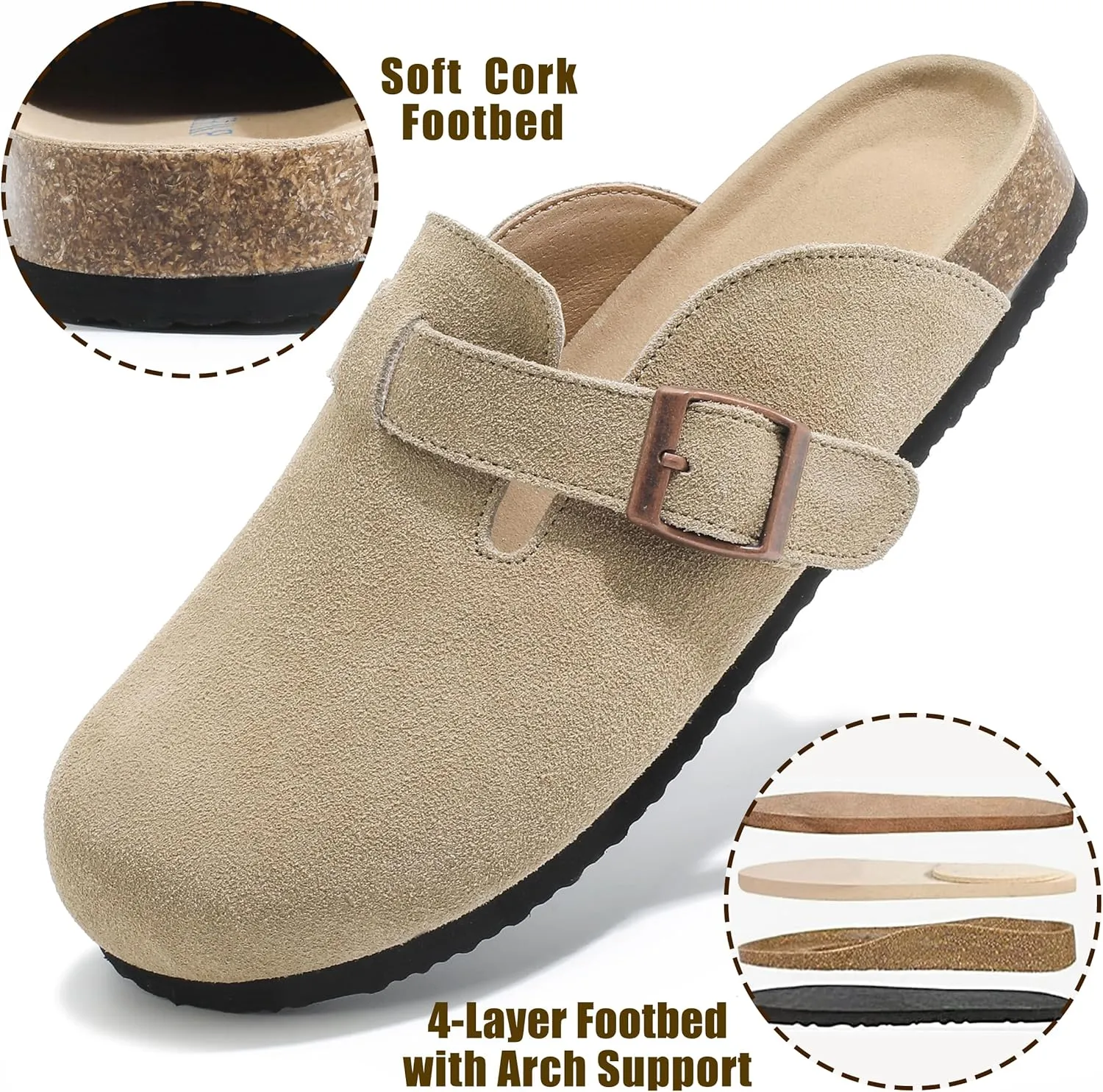 Suede Clogs for Women Leather Mules with Cork Footbed Arch Support Potato Shoes Men Womens Slip-On Clog with Adjustable Buckle Unisex Slippers Flats