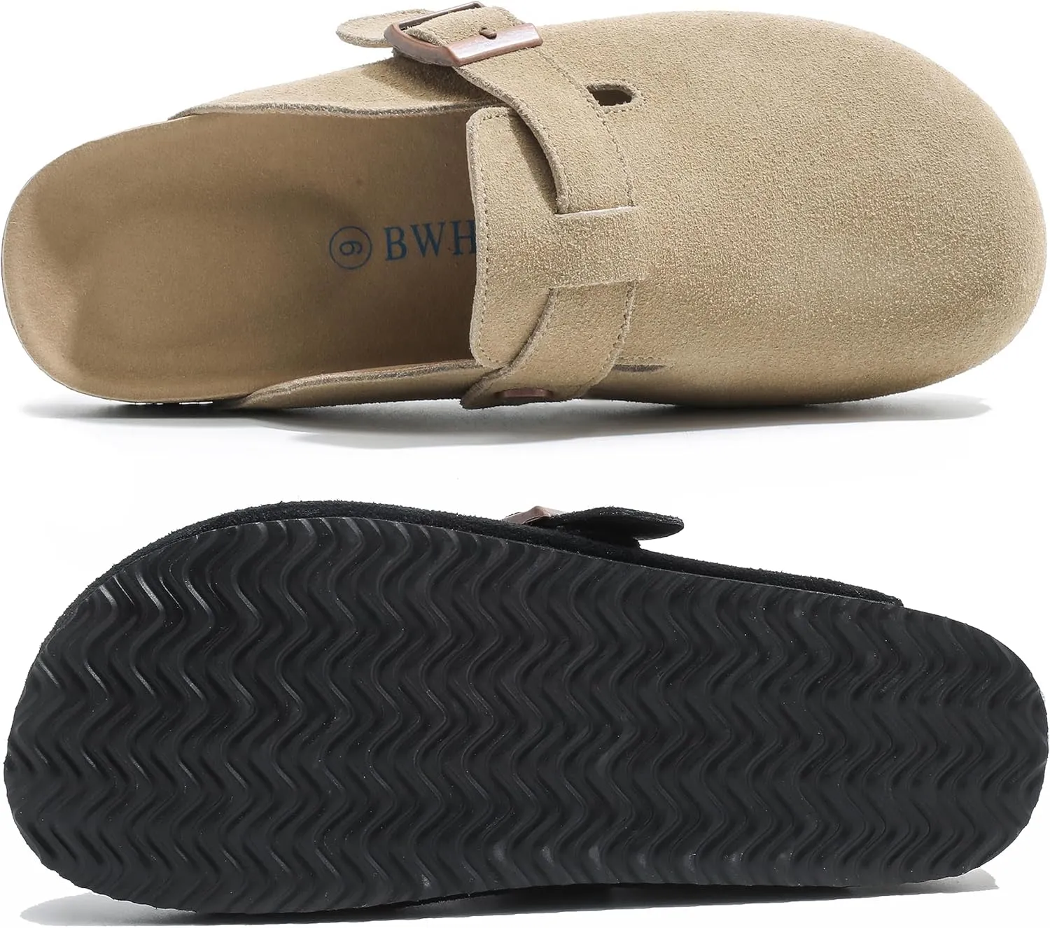 Suede Clogs for Women Leather Mules with Cork Footbed Arch Support Potato Shoes Men Womens Slip-On Clog with Adjustable Buckle Unisex Slippers Flats