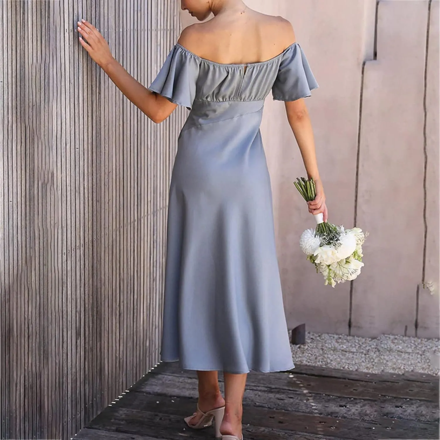 Summer Dresses for Women 2025 Cold Shoulder Bridesmaid Sundress Elastic Waist A-Line Casual Midi Dress with Pockets