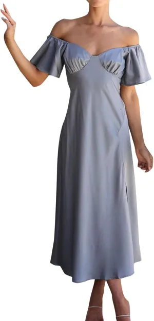 Summer Dresses for Women 2025 Cold Shoulder Bridesmaid Sundress Elastic Waist A-Line Casual Midi Dress with Pockets