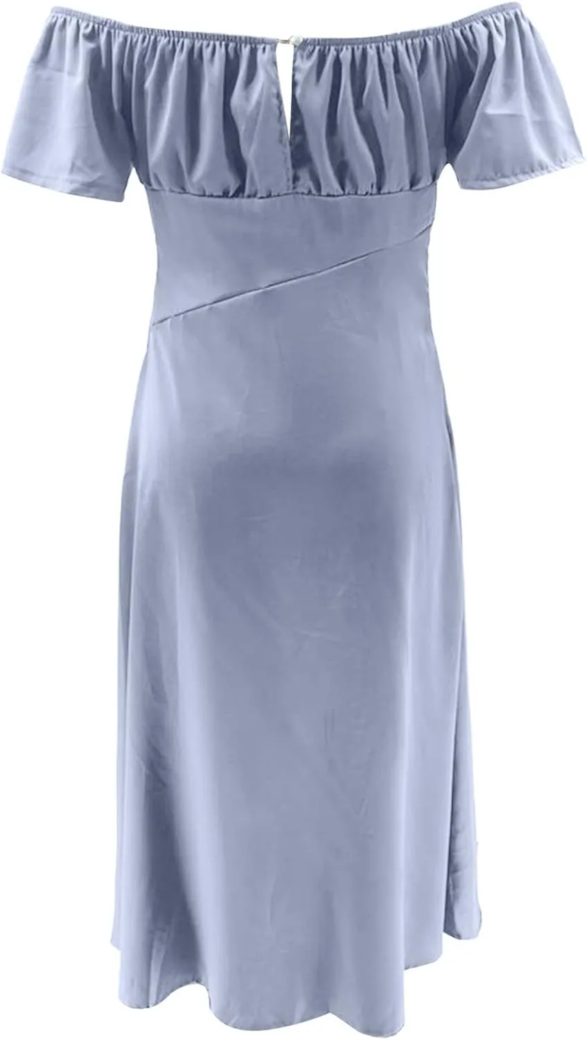 Summer Dresses for Women 2025 Cold Shoulder Bridesmaid Sundress Elastic Waist A-Line Casual Midi Dress with Pockets