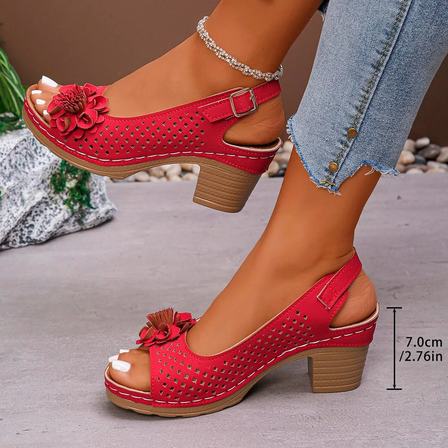 Summer Sandals for Women Open Toe Ankle Strap Chunky High Heels Sandals Peep Flowers Hollow Out Sandal Chunky Block Dress Adjustable Strappy Shoes Lightweight Platform Wedge Fashion Footwear
