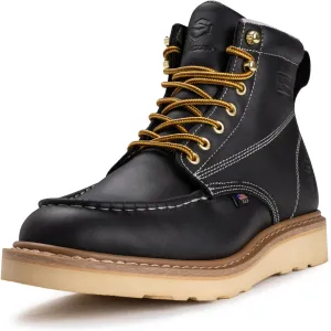 SUREWAY 6 in Mens Soft/Steel Toe Work Boots for Men-Full Grain Leather,Goodyear,Non-Slip EH Safety Industial Construction Wedge Moc Toe Work Boots/Shoes,Steel Toe Black,Size 10