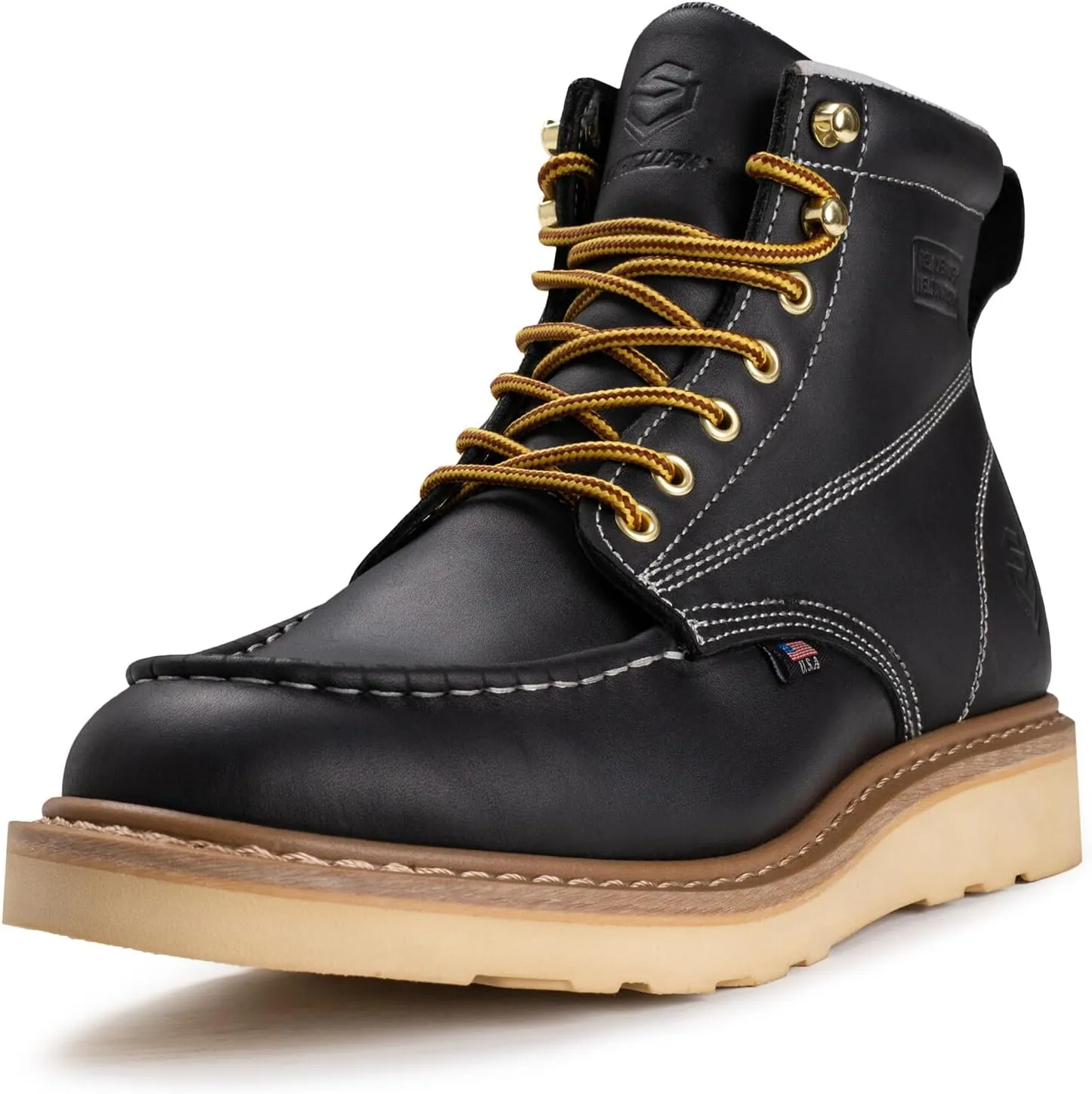 SUREWAY 6 in Mens Soft/Steel Toe Work Boots for Men-Full Grain Leather,Goodyear,Non-Slip EH Safety Industial Construction Wedge Moc Toe Work Boots/Shoes,Steel Toe Black,Size 10